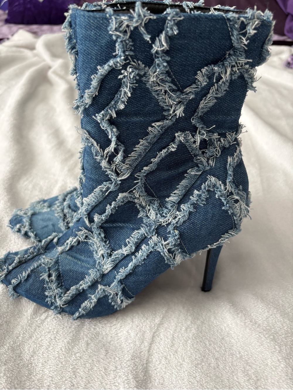 Denim Frayed Patchwork heeled boots size 9 - Picture 3 of 16